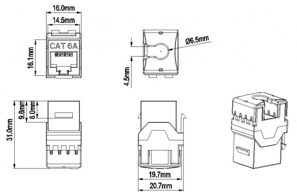 KJ8-8P8C-C6A-180-BK Вставка Keystone Jack RJ-45(8P8C), категория 6a (10G), тип 180 градусов, черная Hyperline