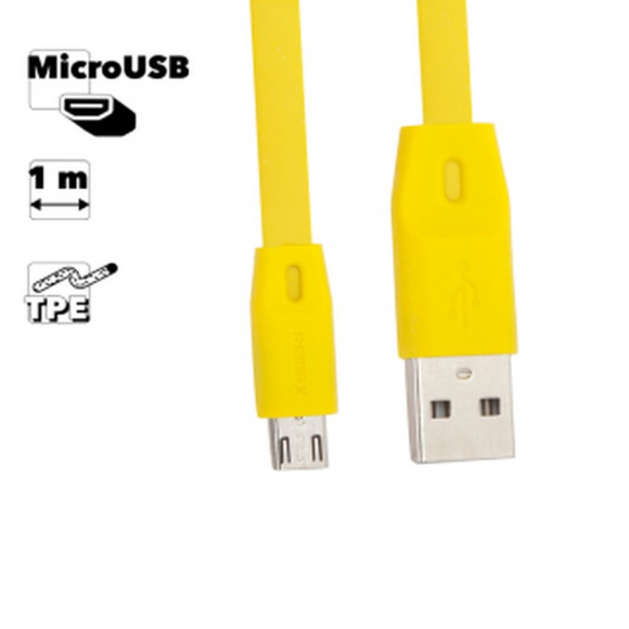 USB кабель Remax Full Speed Series 1M Cable RC-001m MicroUSB плоский пластиковые разьемы, желтый