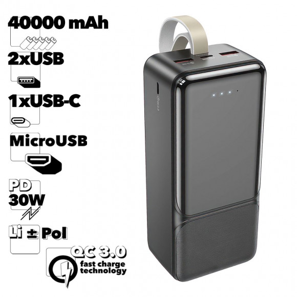 Внешний АКБ BOROFONE BJ33C Сreed 40000 mAh, 2xUSB, 1xUSB-C, 3А, QC 3.0, PD30W, Li-Pol (черный)