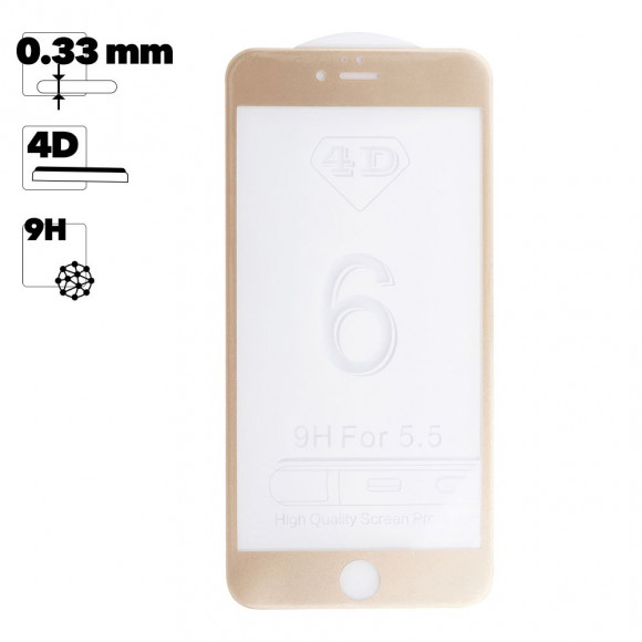 Защитное стекло "LP" для Apple iPhone 6, 6S Plus 4D, гибридное стекло, акриловая рамка, золото