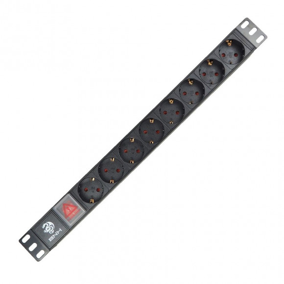 Блок силовых розеток BNH, 19", неуправляемый, Shuko х 8, вход IEC 60320 C14, для шкафов и стоек, 1U, 45х490х45 мм (ВхШхГ), 16А, выключатель, чёрный
