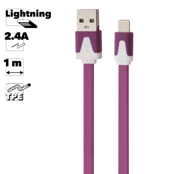 USB кабель "LP" для Apple iPhone, iPad 8-pin плоский узкий (сиреневый, европакет)