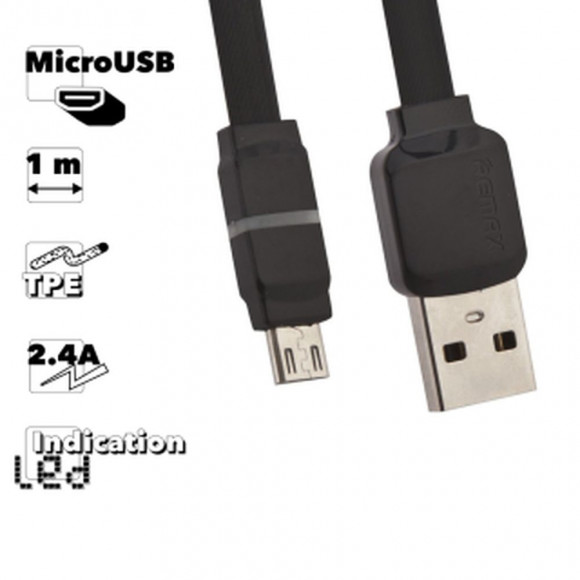USB кабель Remax Breathe Series Cable RC-029m MicroUSB плоский пластиковые разьемы, черный