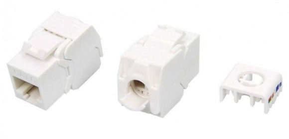 KJ8-8P8C-C6-180-TLS-WH Вставка Keystone Jack RJ-45(8P8C), категория 6, тип 180 градусов, Toolless, белая Hyperline
