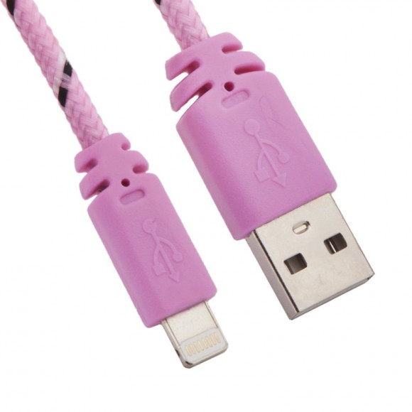 USB кабель "LP" для Apple iPhone, iPad 8-pin в оплетке (розовый, черный, европакет)