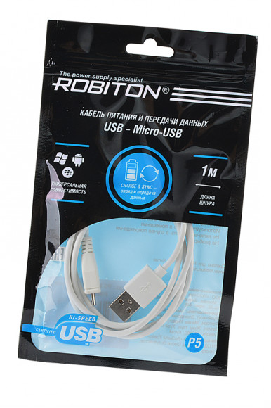 Дата-кабель Robiton P5, MicroUSB, Charge&Sync, 1 метр, белый