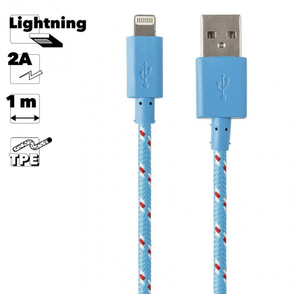 USB кабель "LP" для Apple iPhone, iPad 8-pin в оплетке (голубой, черный, европакет)