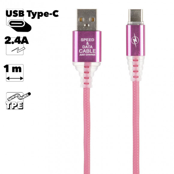 USB кабель "LP" Type-C Змея LED TPE (розовый, блистер)