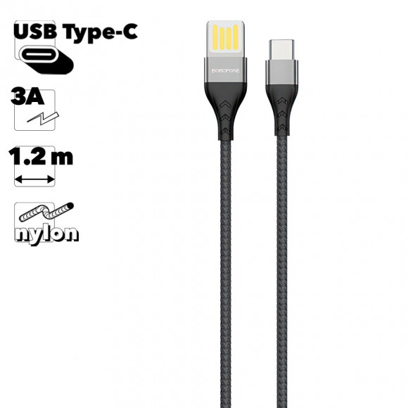 USB кабель Borofone BU11 Tasteful Type-C, 1.2м, 3A, нейлон, серый