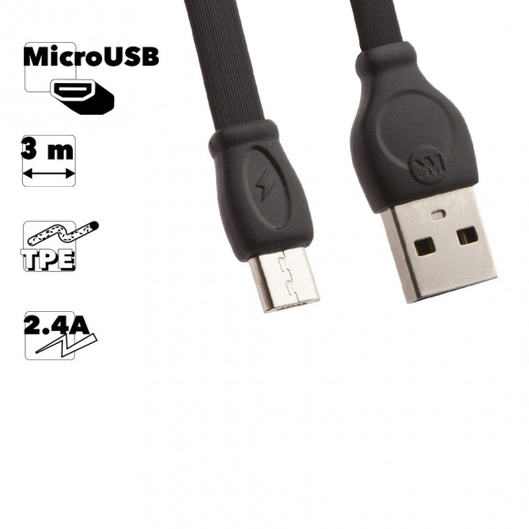 USB Дата-кабель WK Fast Cable WDC-023 MicroUSB 3 метра плоский пластиковые разьемы, черный