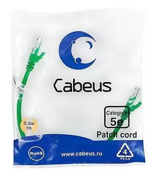 Патч-корд U/UTP Cabeus PC-UTP-RJ45-Cat.5e-0.3m-GN-LSZH
