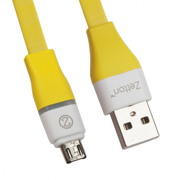 USB LED кабель передачи данных Zetton Flat разъем MicroUSB плоский, пластиковые разьемы (желтый, OEM)