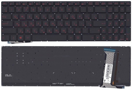 Клавиатура для ноутбука Asus N751 черная, прямоугольный Enter, кнопки красные с подсветкой