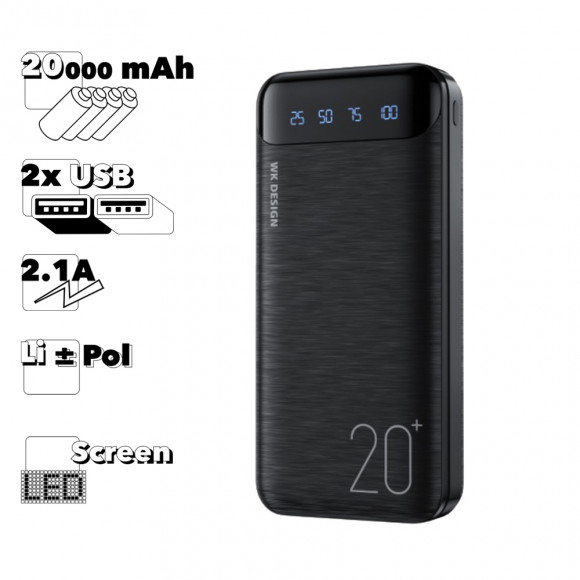 Внешний АКБ WK WP-163 20000 mAh, 2хUSB 2.1А, LED дисплей, Li-Pol (черный)