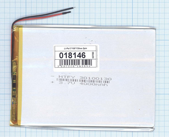 Аккумуляторная батарея Li-Pol (3x100x130мм), 2pin, 3.7В, 4000мАч
