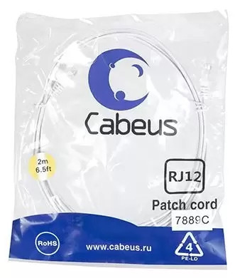 Патч-корд 6p4c телефонный, 2 м, белый Cabeus PC-TEL-RJ12-2m