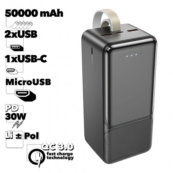 Внешний АКБ BOROFONE BJ33D Сreed 50000 mAh, 2xUSB, 1xUSB-C, 3А, QC 3.0, PD30W, Li-Pol (черный)