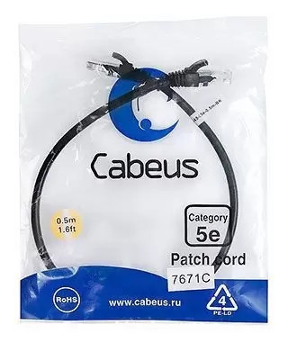 Патч-корд U/UTP Cabeus PC-UTP-RJ45-Cat.5e-0.5m-BK
