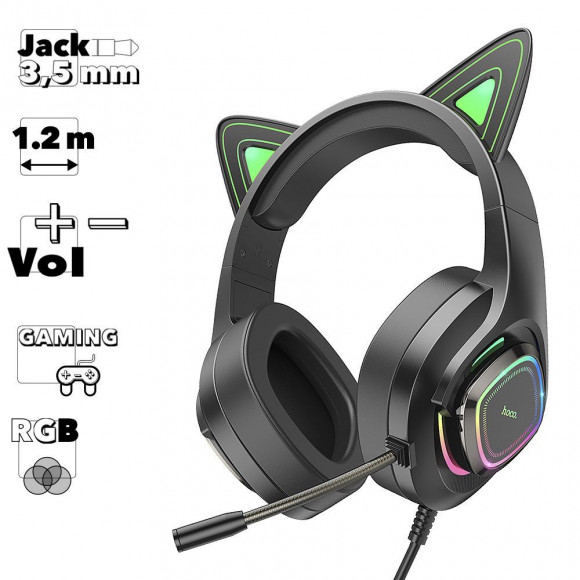 Гарнитура игровая HOCO W107 Cute Cat 3.5 мм + адаптер 2х3.5 мм, 1.2м, накладная (черный/зеленый)