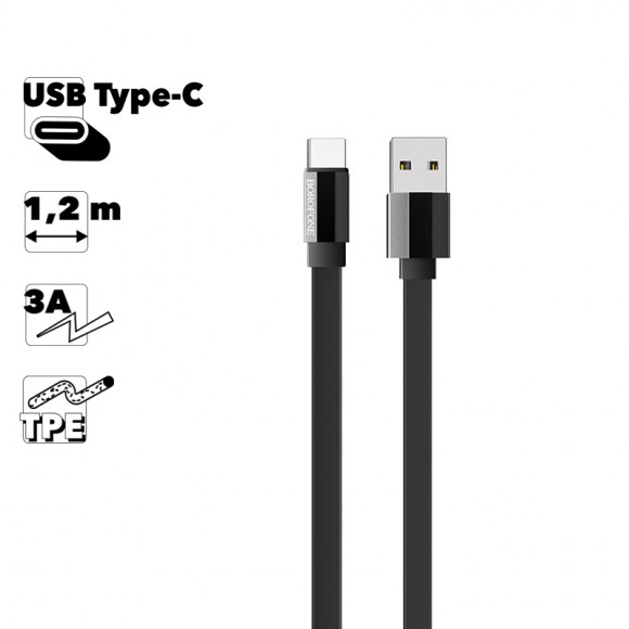 USB Дата-кабель Borofone BU8 Glory, Type-C, 1.2м, 3А, TPE, черный