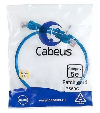 Патч-корд U/UTP Cabeus PC-UTP-RJ45-Cat.5e-0.5m-BL