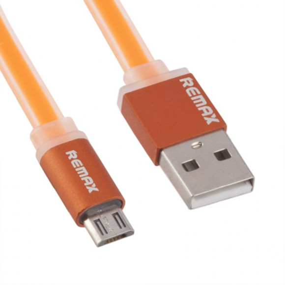 USB Дата-кабель Remax MicroUSB плоский с золотым коннектором, 1 метр пластиковые разьемы, оранжевый