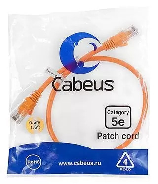 Патч-корд U/UTP Cabeus PC-UTP-RJ45-Cat.5e-0.5m-OR