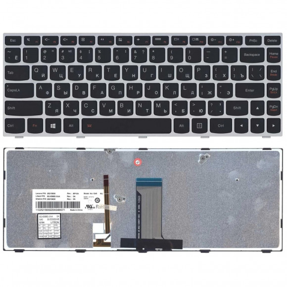 Клавиатура для ноутбука Lenovo IdeaPad Flex 2-14, G40-30, G40-70, черная, рамка серебряная, с подсветкой