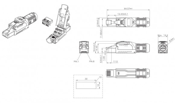 PLUE-8P8C-S-C8-SH-BL Разъем полевой оконцовки RJ-45 (8P8C) под витую пару, для одножильного кабеля, toolless, категория 8, экранированный
