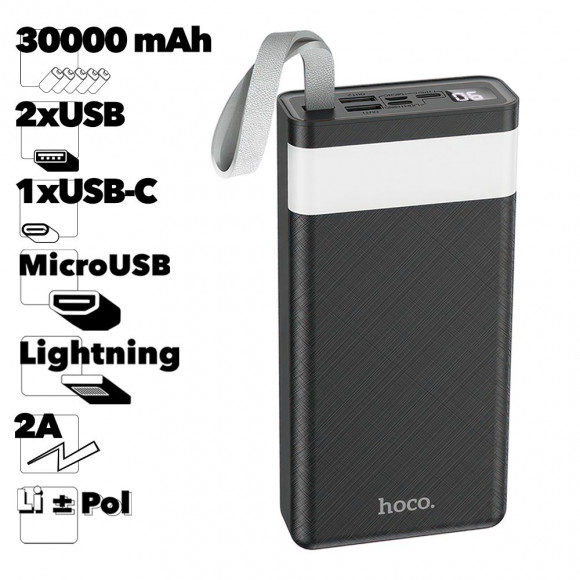 Внешний АКБ HOCO J73 Powerful 30000mAh, 2хUSB, 2A, LED дисплей, фонарик, Li-Pol (черный)