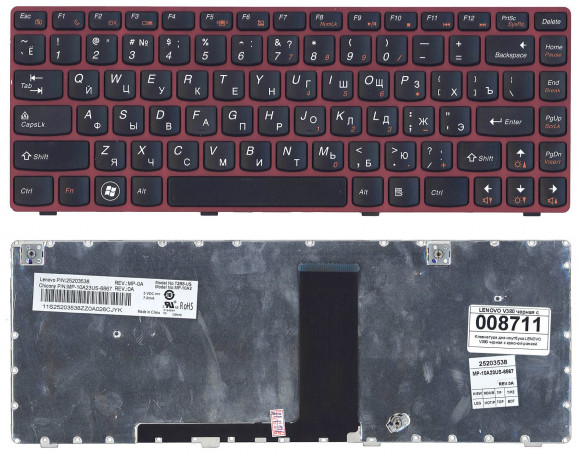 Клавиатура для ноутбука Lenovo V380, черная с красной рамкой