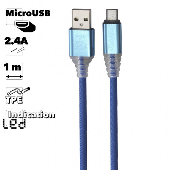 USB кабель "LP" MicroUSB Змея LED TPE (синий, блистер)