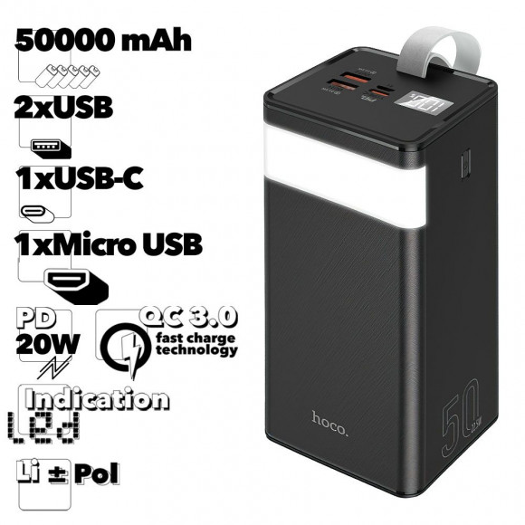 Внешний АКБ HOCO J86A Powermaster 50000mAh, 2xUSB, 1xUSB-C, 1xMicroUSB, 3А, PD20W, QC3.0, LED дисплей, Li-Pol (черный)