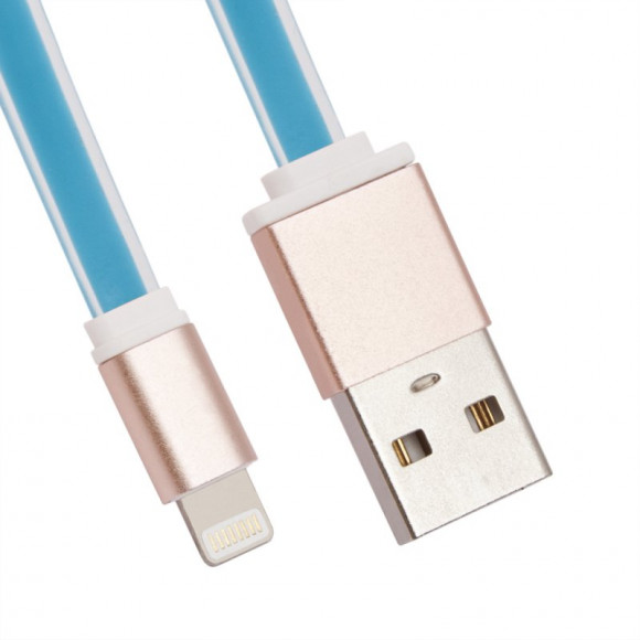 USB Дата-кабель Cable для Apple 8-pin плоский мягкий силикон, 1 метр, голубой
