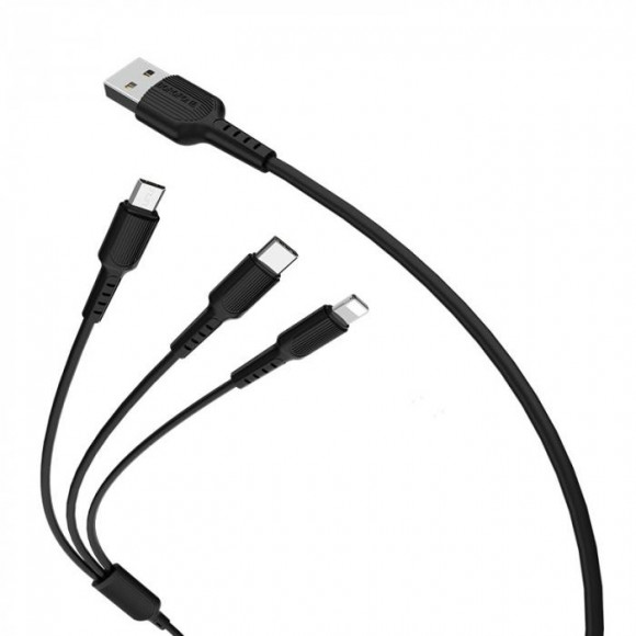 Кабель USB BOROFONE BX16 3 в 1 для Micro USB, Type-C, Lightning 2.4A, длина 1м, черный