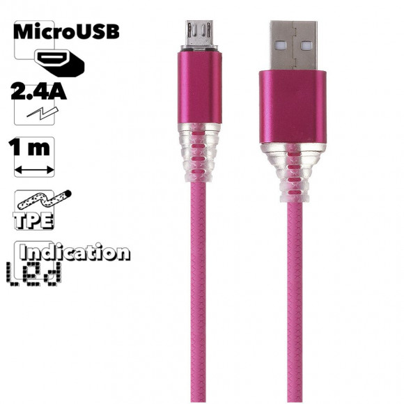 USB кабель "LP" MicroUSB Змея LED TPE (розовый, блистер)