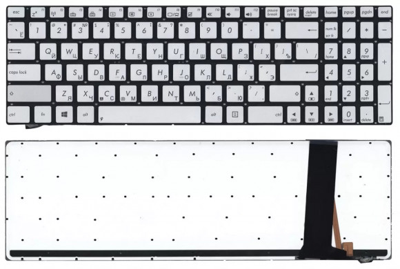 Клавиатура для ноутбука Asus N750 серебристая, с подсветкой