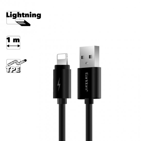 USB Дата-кабель Earldom EC-109I Lightning 2A Fast Charger Aluminum Alloy Noodle Shape, 1 метр, черный