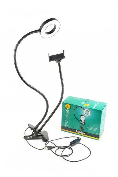 Светильник Camelion KD-848 C02 LED, 7Вт, кольцевой на клипсе, 3 ур яркости, USB-кабель 5B, с пультом управления