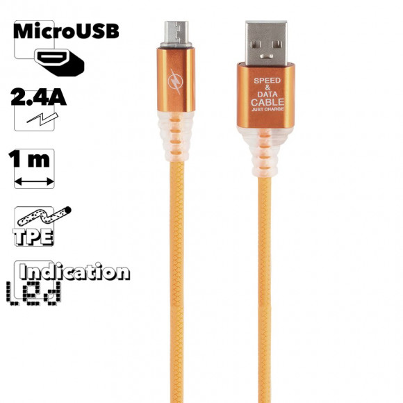 USB кабель "LP" MicroUSB Змея LED TPE (оранжевый, блистер)