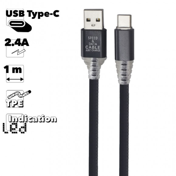 USB кабель "LP" Type-C Змея LED TPE (черный, блистер)