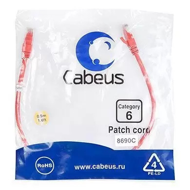 Патч-корд U/UTP Cabeus PC-UTP-RJ45-Cat.6-0.5m-RD