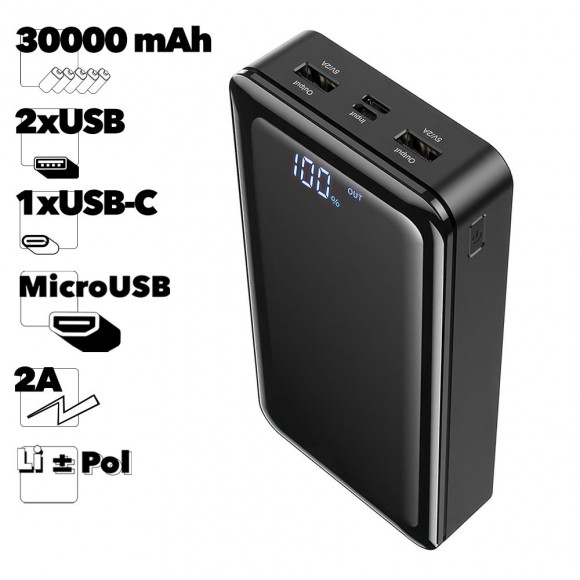 Внешний АКБ BOROFONE BJ8 Extreme 30000mAh, 2xUSB, 2A, LED дисплей, Li-Pol (черный)