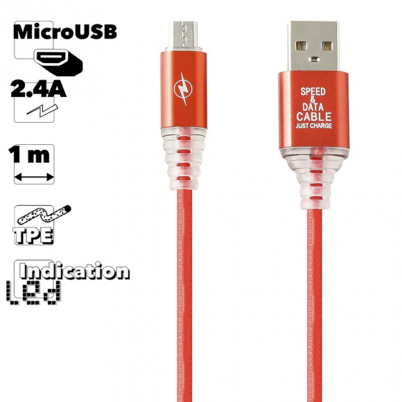 USB кабель "LP" MicroUSB Змея LED TPE (красный, блистер)