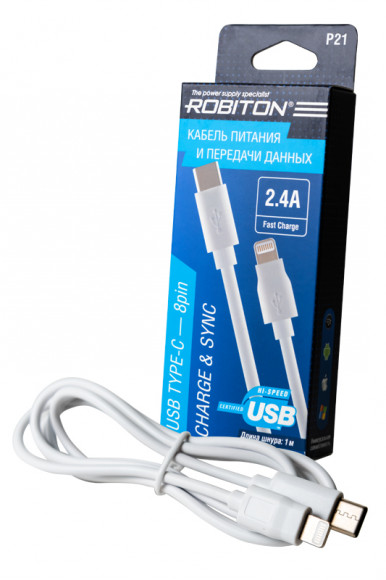ROBITON P21 USB Type-C - 8-pin (AppleLightning), Charge&Sync, 1 метр, белый BL1