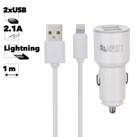 Автомобильное зарядное устройство "LP" с двумя USB выходами 2.1А + USB кабель для Apple 8-pin Barrel Series (белый, европакет)
